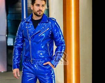 Giacca e pantaloni in PVC vinile nero lucido Tuta da motociclista in vinile effetto bagnato Tuta da motociclista in PVC per uomo Tuta da uomo gotica con cintura Rock Star