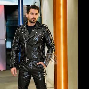 PVC vinyl jas en broek glanzend zwart motorpak NAT look vinyl PVC bikerpak voor heren Rock Star Belted Gothic herenpak