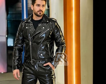PVC Vinyljacke und Hose Schwarz glänzender Motorradanzug WET Look Vinyl PVC Bikeranzug für Männer Rockstar Gothic Herrenanzug mit Gürtel