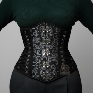 Black and Silver Brocade Underbust Corset – Victorian Steampunk Waist Trainer with Swing Hooks & Side Lacing