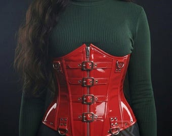 Red PVC Corset Bustier, Patent Leather Waist Cincher, Gothic Fetish Corset Top,  Steampunk Buckle Corset, Clubwear Outfit
