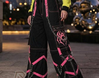 Spider Print Techwear Cargo Pants Mens Gothic Baggy Trousers
