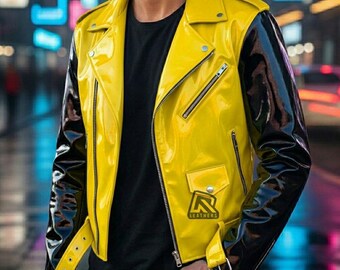 Unisex Cyberpunk Gelb & Schwarz Hochglanz-PVC-Bikerjacke | Ultra-Shine Vinyl Moto Jacke | Gothic Techwear Streetwear Mantel