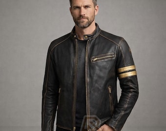 Premium Men’s Black Leather Biker Jacket – Gold Stripe Arm Detail – Slim Fit Motorcycle Style – Vintage Distressed Look