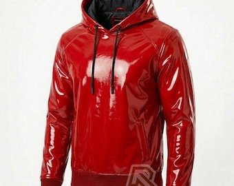 Unisex Roter PVC Cyberpunk Hoodie - High Shine Vinyl Techwear - Benutzerdefinierte Split Color Zweifarbiger Goth Streetwear - glänzendes übergroßes Rave-Kapuzenoberteil
