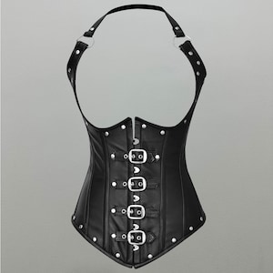 Underbust Black Leather Corset with Buckle Closure , Steel Boned Gothic Corset Top , Steampunk Corset Plus Size , Gift for her