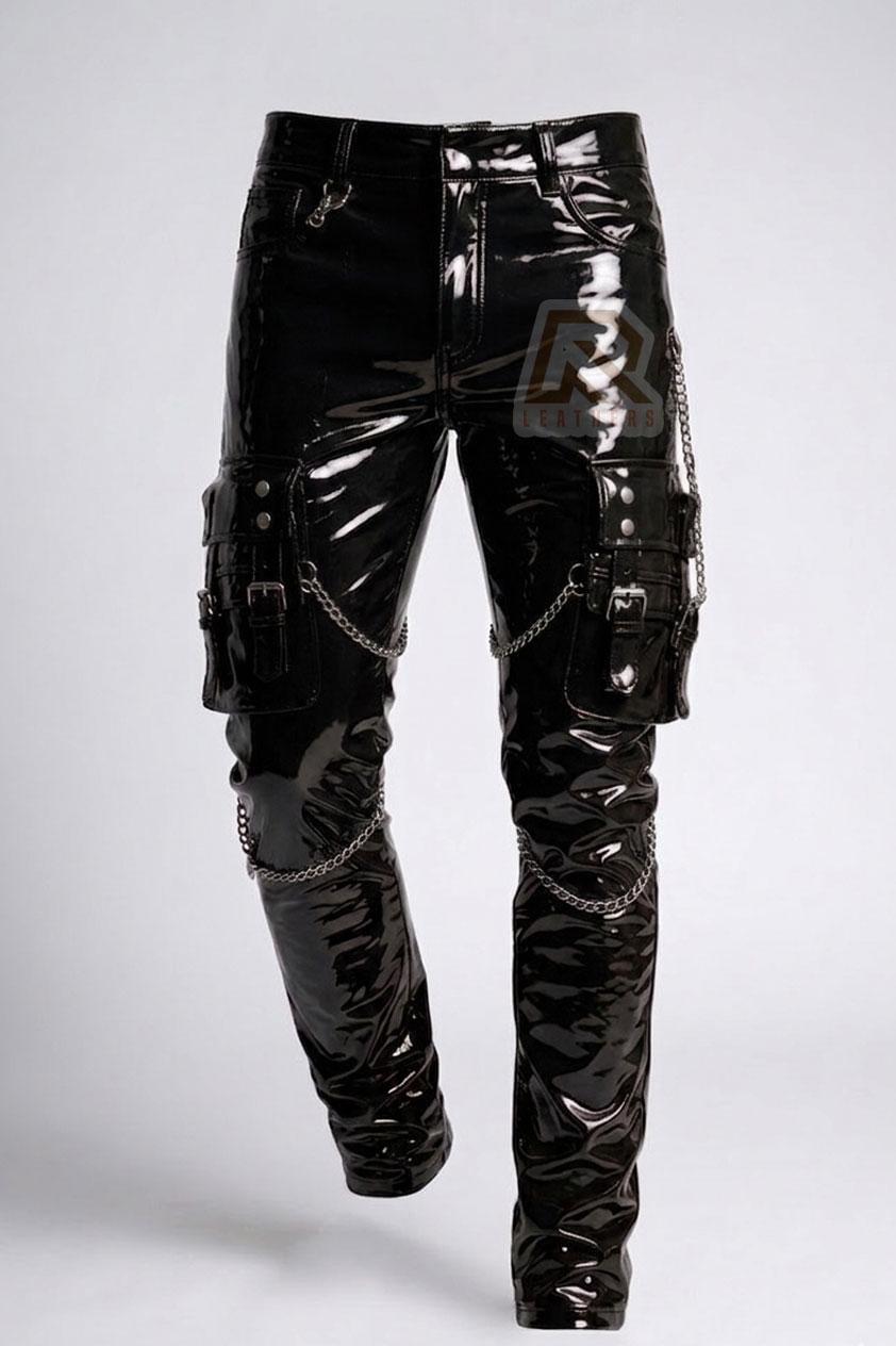 Unisex PVC Vinyl Cargo Pants With Chains - Cyberpunk Streetwear