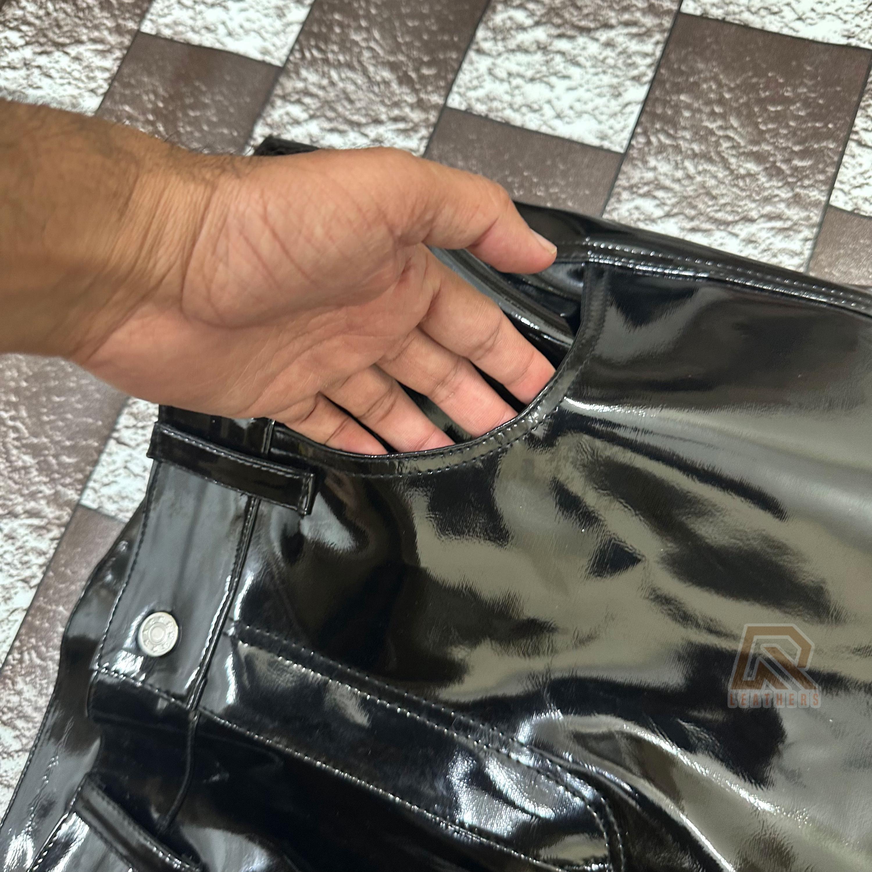 ユニセックス スリムフィット PU パンツ | ブラック ビニール パンツ