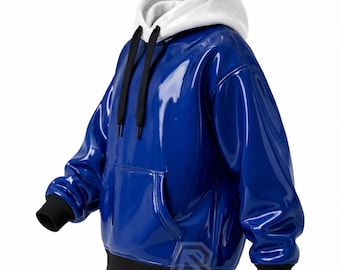 Unisex PVC Cyberpunk Hoodie - High Shine Vinyl Techwear - Benutzerdefinierte Split Color Zweifarbige Goth Streetwear - Glänzendes übergroßes Rave-Kapuzenoberteil