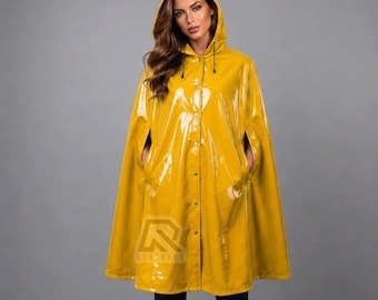Cape de pluie en PVC éclatant – Cape poncho à capuche en vinyle brillant | Vêtements de pluie unisexe imperméables pour festival | Cape gothique cyber-mode