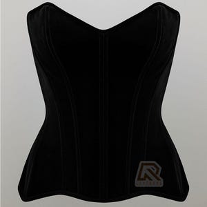 Puede incluir: Un cors&eacute; negro de terciopelo con un dise&ntilde;o estructurado. El cors&eacute; presenta costuras verticales y un escote curvo. La prenda tiene un logotipo en la parte inferior derecha. El cors&eacute; est&aacute; dise&ntilde;ado para ce&ntilde;ir la cintura.