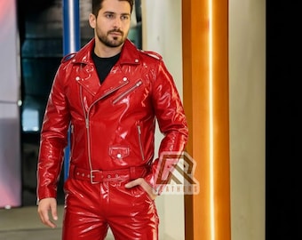 Giacca e pantaloni in PVC vinile nero lucido Tuta da motociclista in vinile effetto bagnato Tuta da motociclista in PVC per uomo Tuta da uomo gotica con cintura Rock Star