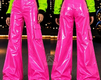 Pantalones cargo unisex de PVC brillante de pierna ancha / Pantalones acampanados de vinilo de cintura alta / Pantalones estilo rave con aspecto de charol / Ropa para festivales y discotecas / Colores personalizados