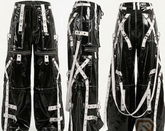Cyberpunk Goth Bondage Hose, PVC Vinyl Hose mit weitem Bein, Industrielle Techwear Cargohose mit Riemen, Emo Alt Fashion, Unisex Rave Gear