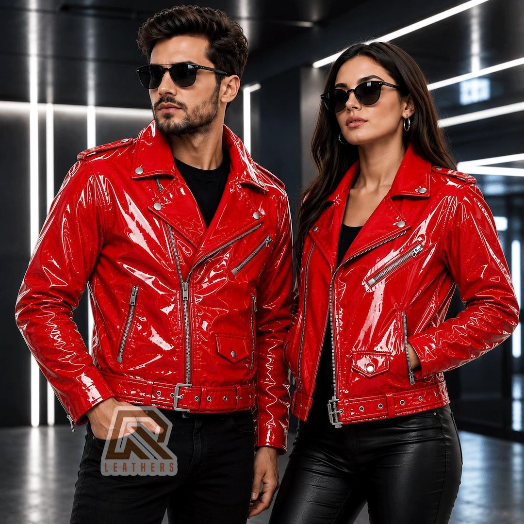 PVC Vinyle Jacket Glossy Red Motorcycle Jacket WET Look Vinyl PVC