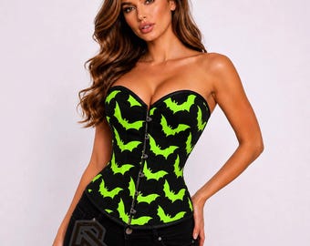 Black & Neon Green Bat Corset – Steel Boned Overbust Corset | Gothic Halloween Corset | Alternative Fashion Bustier | Custom Colors