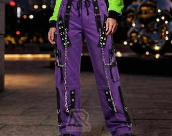 高品質 STYLISH TWO-TONE PANTS【PURPLE×BLACK】 Two-tone Gothic Cargo Pants: Black & Purple Cyberpunk Trousers - Etsy