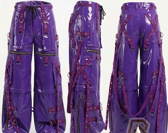 Cyberpunk Goth Bondage Hose, PVC Vinyl Hose mit weitem Bein, Industrielle Techwear Cargohose mit Riemen, Emo Alt Fashion, Unisex Rave Gear