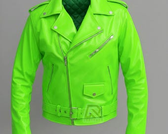 PVC Vinyle Jacket  Glossy shine Fluorescent Green Motorcycle Jacket  WET Look Jacket for Men Rock Star Belted Gothic Mens Jacket Punk Jacket