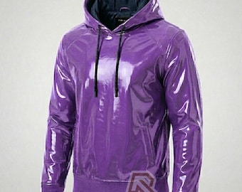 Lila PVC Cyberpunk Hoodie - Hochglänzende Vinyl Techwear - Benutzerdefinierte Split Color Zweifarbige Goth Streetwear - Glänzendes übergroßes Rave-Kapuzenoberteil