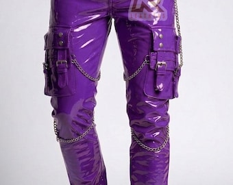 Unisex PVC Vinyl Cargohose mit Ketten - Cyberpunk Streetwear Hose - Glänzende Wet Look Gothic Hose - Festival Rave Wear - Lila Hose