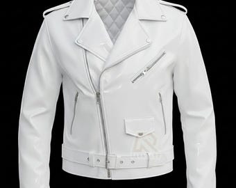 Giacca in vinile PVC, giacca da motociclista bianca lucida, giacca effetto bagnato per uomo, giacca da rock star con cintura, giacca da uomo gotica, giacca punk