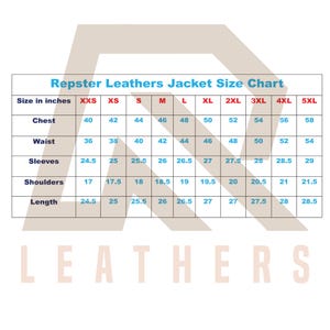 May include: A size chart for Repster Leathers jackets, displaying chest, waist, sleeve, shoulder, and length measurements in inches. Sizes range from XXS to 5XL. The word "LEATHERS" is at the bottom.