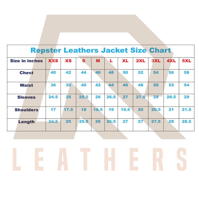 May include: A size chart for Repster Leathers jackets, displaying chest, waist, sleeve, shoulder, and length measurements in inches. Sizes range from XXS to 5XL. The word "LEATHERS" is at the bottom.