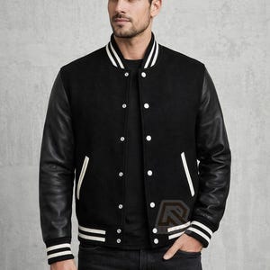 Zwart varsityjack heren – Lettermanjack van wol en leer, klassiek baseballbomberjack, vintage collegejack voor heren