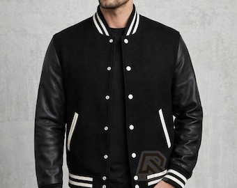 Zwart varsityjack heren – Lettermanjack van wol en leer, klassiek baseballbomberjack, vintage collegejack voor heren
