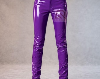 Unisex Slim Fit PU Trousers l Purple Vinyl Pants l Slim Fit Shiny PVC Trousers l Shiny Faux Leather Pants l Patent Pants