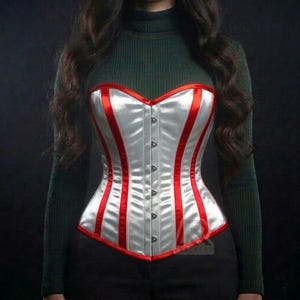 White Satin Overbust Corset with Red Straps - Heavy Duty Steel Boned Waist Trainer - Custom Fit Victorian Style - Breathable Cotton Lining