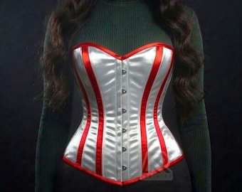 Corsé de satén blanco sobre el busto con tirantes rojos - Entrenador de cintura resistente con varillas de acero - Ajuste personalizado estilo victoriano - Forro de algodón transpirable