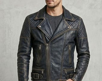 Giacca da motociclista in pelle nera anticata da uomo - Giacca da motociclista in vera pelle fatta a mano, cappotto da motociclista trapuntato con spalle - Giacca da motociclista