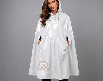 Glossy PVC Rain Cape – Hooded Vinyl Poncho, Unisex Festival