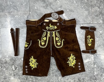 Herren Oktoberfest Kostüm, rustikale deutsche Lederhosen Otto, Wildledershorts mit Stickerei, Bayerische Tracht für Männer, Volksfest Kleidung,
