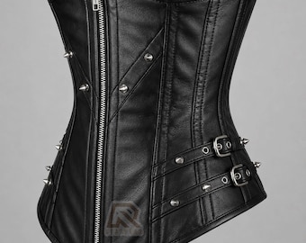 Black Genuine Cowhide Leather Corset – Steel Boned Gothic Waist Trainer, Punk Leather Bustier, Steampunk Zip Corset