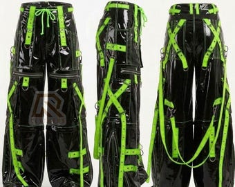 Cyberpunk Goth Bondage Hose, PVC Vinyl Hose mit weitem Bein, Industrielle Techwear Cargohose mit Riemen, Emo Alt Fashion, Unisex Rave Gear