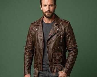 Men’s Vintage Brown Leather Biker Jacket – Distressed Genuine Leather Motorcycle Jacket with Belt – Classic Rider Coat