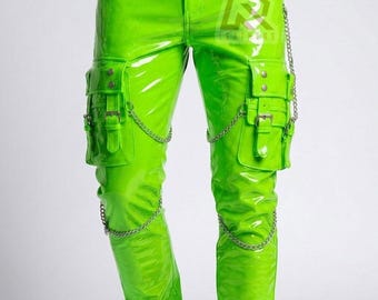 Unisex PVC Lack Cargohose mit Ketten - Cyberpunk Streetwear Hose - Glanzige Gothic Hose - Festival Rave Wear - Neongrüne Hose