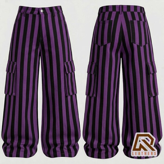 Striped Wide Leg Cargo Pants – Unisex Alternative Streetwear, Festival Fashion, Oversized Cargo Trousers, Custom Color Options