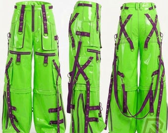 Cyberpunk Goth Bondage Hose, PVC Vinyl Hose mit weitem Bein, Industrielle Techwear Cargohose mit Riemen, Emo Alt Fashion, Unisex Rave Gear