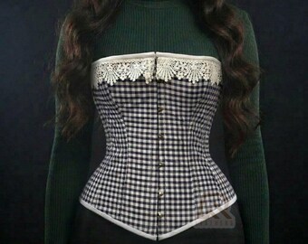 Stahl ohne Knochen Korsett Gingham Überbrust | Taillentrainer | Baumwolle gefüttert Schnürkorsett | Vintage Style Korsett mehrere Farben | Gothic Korsett Top
