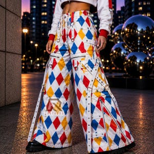 Harlequin-inspirerade vida byxor, gotiska byxor, alternativt mode, gycklarbyxor, streetwear, baggybyxor