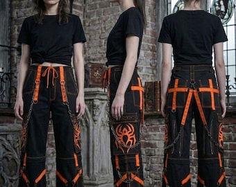 Spinnen Print Techwear Cargo Hose Herren Gothic Baggy Hose Cyberpunk Streetwear mit Reflektierende Riemen & Harness - Alternative Punk Hose