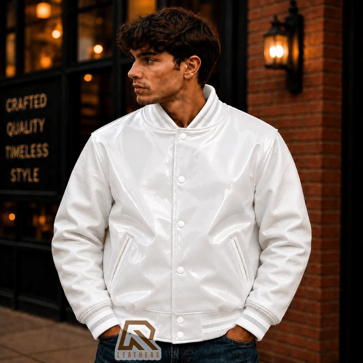 最終値下げ MASU VARSITY JACKET (White) White PVC Varsity Jacket , Glossy Vinyl Letterman Jacket, White
