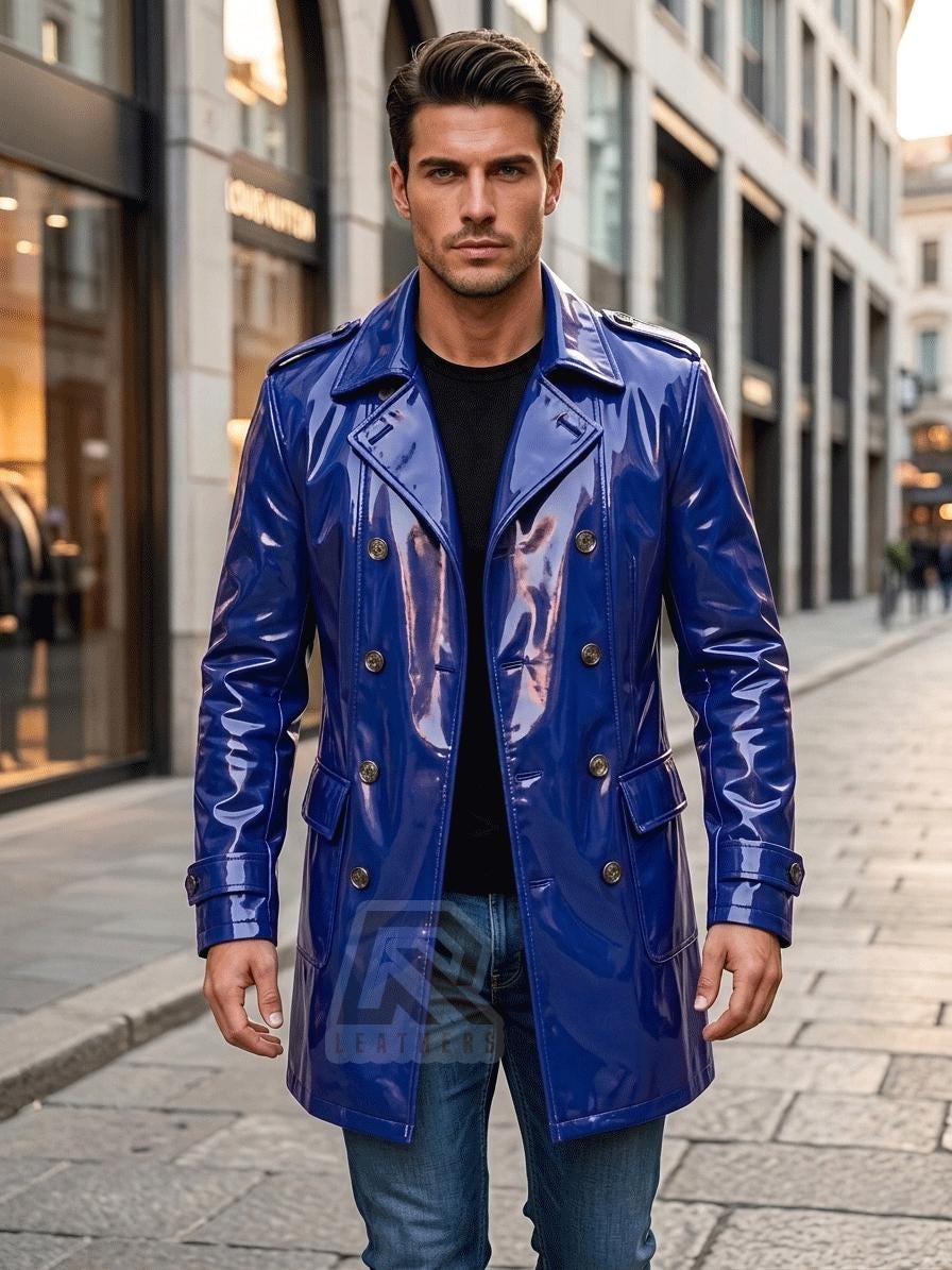 PVC Trench Coat, Glossy Vinyl Long Coat, Double Breasted Gothic