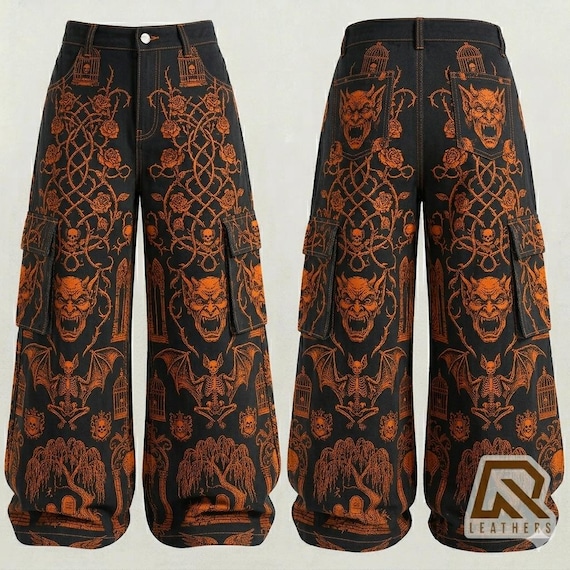 Halloween Wide Leg Jeans | Pumpkin Ghost Skull Print Baggy Denim