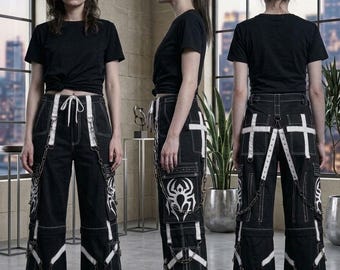 Spinnen Print Techwear Cargo Hose Herren Gothic Baggy Hose Cyberpunk Streetwear mit Reflektierende Riemen & Harness - Alternative Punk Hose
