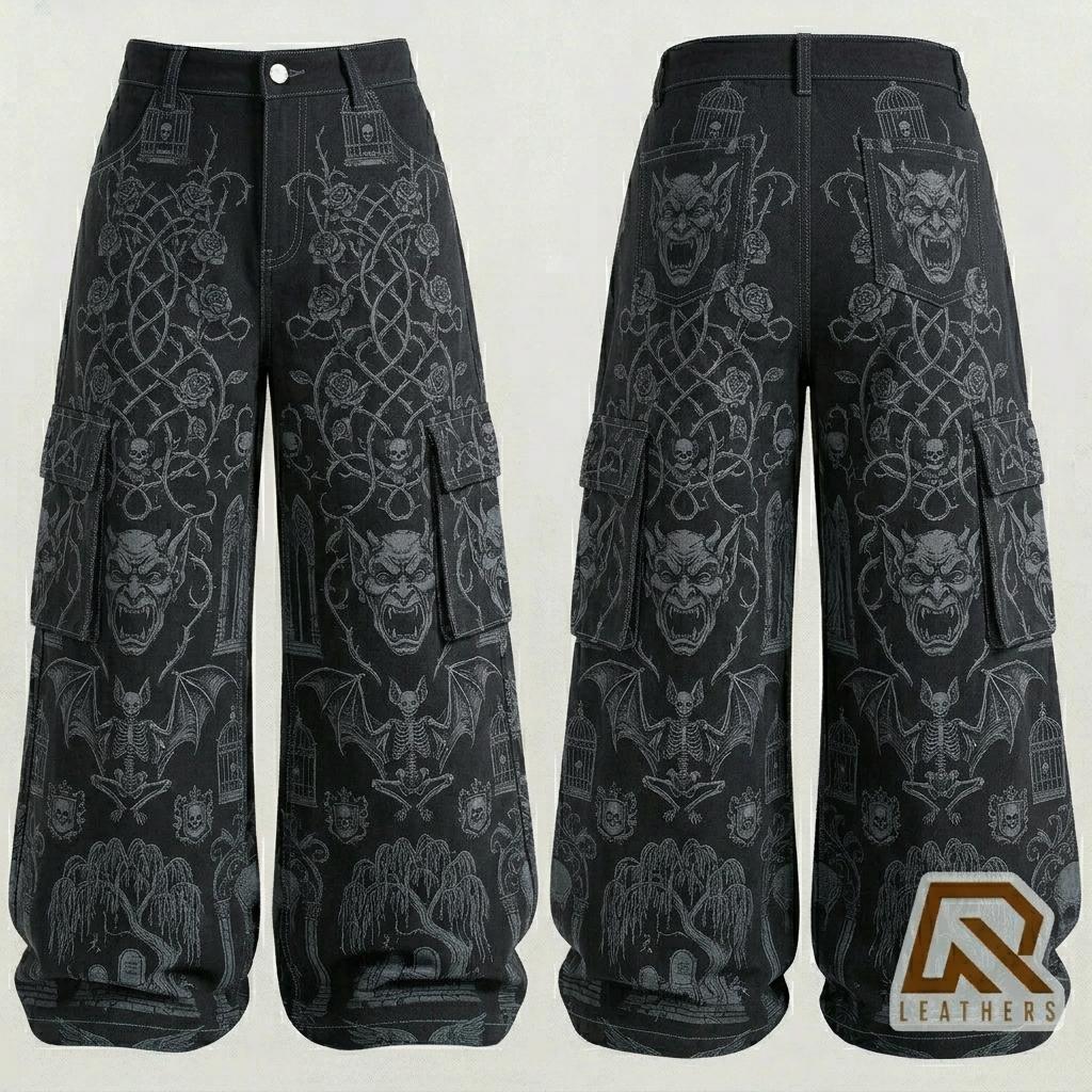 Halloween Gothic Wide Leg Cargo Pants | Black & Red Spider Web